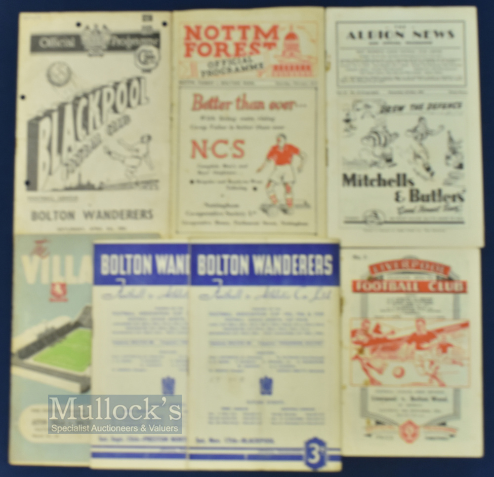 1951/52 Bolton Wanderers match programmes homes Blackpool, Preston NE and aways Aston Villa (no back