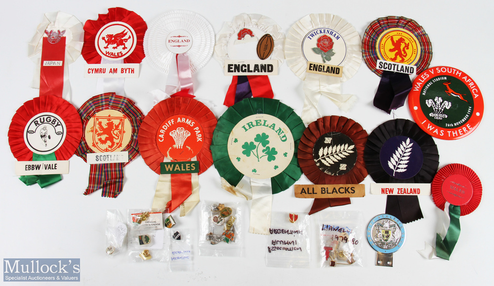 Rugby Lapel Badge & Rosette etc Collection (c.40): c.25 national, club & other pin badges inc NZ