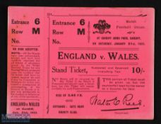 Rare Wales v England 1922 Rugby Stand Ticket: 10/- pink card entire ticket in attractive style for
