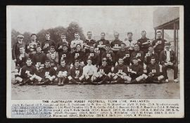 1908 Australian Wallabies Rugby Postcard: Full squad and management team photo, holding up