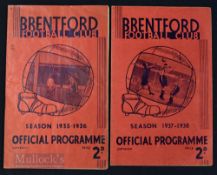 Pre-war Brentford v West Bromwich Albion Div. 1 match programmes 1935/36 and 1937/38 at Griffin