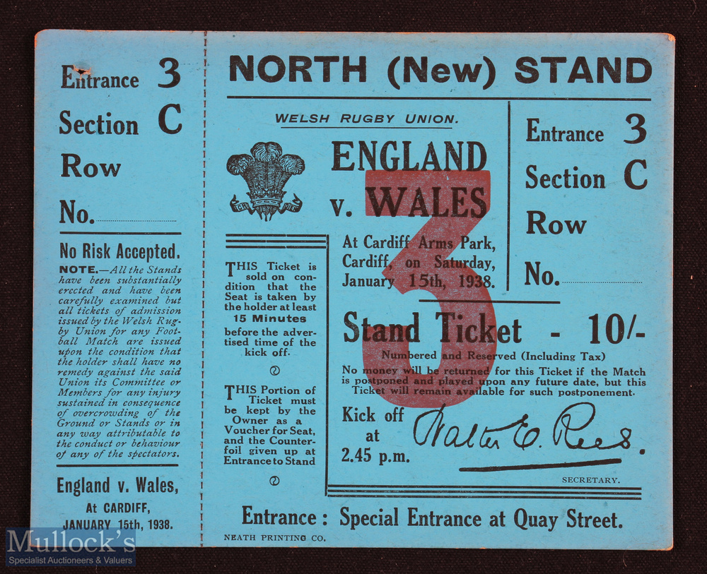 Rare Wales v England 1938 Rugby Stand Ticket: A 14-8 Welsh win at Cardiff and an attractive blue