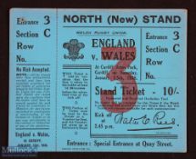 Rare Wales v England 1938 Rugby Stand Ticket: A 14-8 Welsh win at Cardiff and an attractive blue