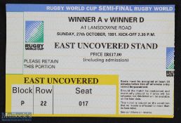 Rugby World Cup 1991 Semi-Final Australia v NZ Rugby Ticket: Big 16-6 win in Dublin for the