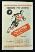 1954/55 Brentford v Chelsea floodlight friendly match programme 5 October 1954; good, no writing.
