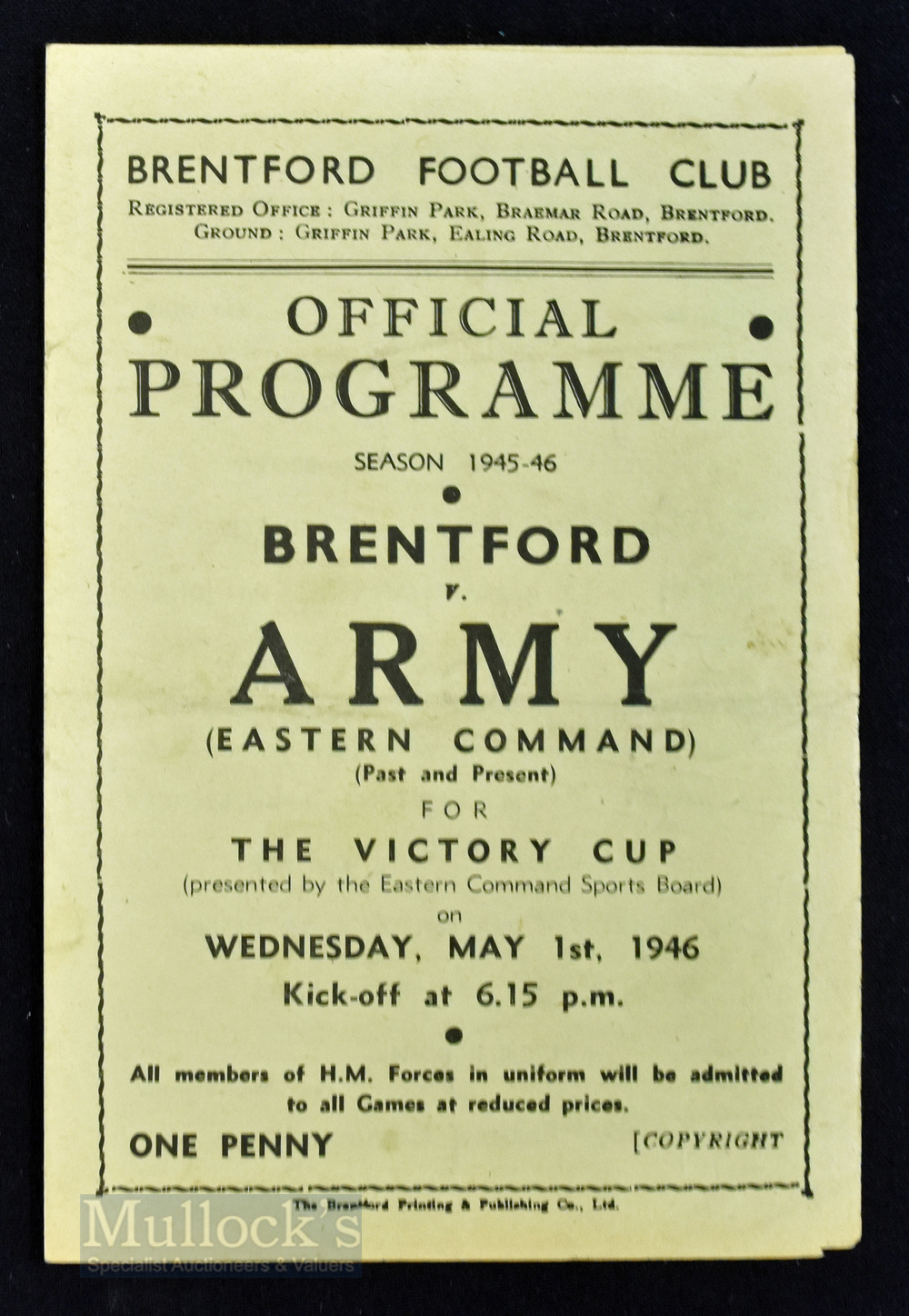 War time friendly 1945/46 Brentford v Army 4 page match programme for the Victory Cup 1st May