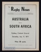 1971 Australia v S Africa Rugby Programme: First Test of the Springbok Tour, Rugby News issue for