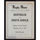 1971 Australia v S Africa Rugby Programme: First Test of the Springbok Tour, Rugby News issue for