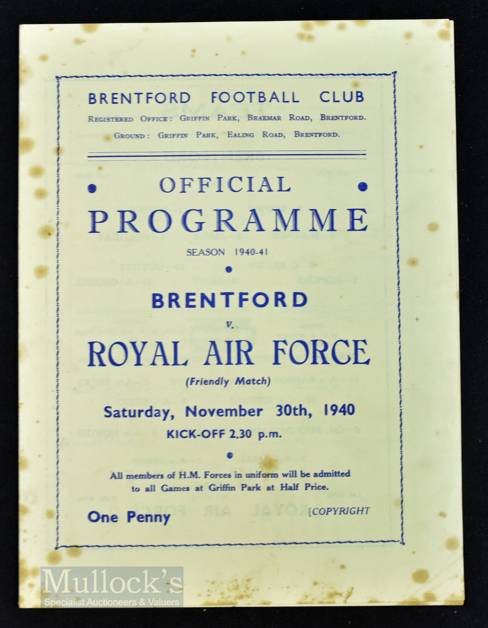 War time friendly match 1940/41 Brentford v Royal Air Force 3 November 1940 4 page programme, has