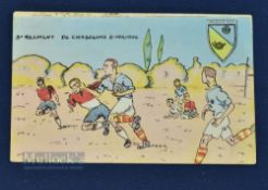 Scarce WWII French Rugby Cartoon Postcard: Coloured drawing of rugby action in sandy surroundings,