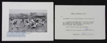 1960s RFC Committee Rugby Christmas Card: Large white fold over card with lovely repro of well-known