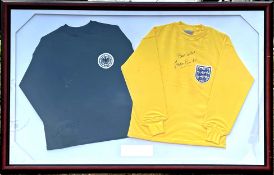 World Cup 1966 - Hans Tilkowski and Gordon Banks Signed Double Goalkeeper Shirt Display features