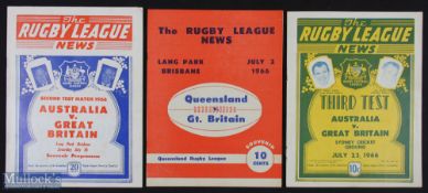 Scarce 1966 Gt Britain Rugby League Tour to Australia Programmes (3) to incl v Queensland played