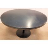 STAINED ASH CIRCULAR TOPPED DINING TABLE standing on metal column with circular base, 130cm diameter