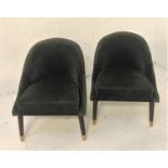 PAIR OF SLATE GREY VELVET COVERED CHAIRS with shaped arched backs above padded seats, standing on