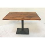 OAK RECTANGULAR TOPPED DINING TABLE standing in metal column with shaped rectangular base, 77cm high