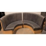 PAIR OF CURVED GREY VINYL BANQUETTE SEATS with ribbed high backs above padded seats, both