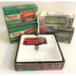FOUR CORGI DIE CAST BUSSES including RT Double Deck, RT London Transport, Routemaster and a