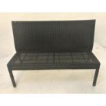 RATTAN EFFECT BENCH with a woven back, seat and legs, 130cm long