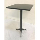 STAINED WOOD SQUARE TOPPED HIGH BAR TABLE standing on metal column with tripod base, 117cm high