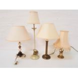 MARBLE AND GILT METAL TABLE LAMP raised on a circular base with a cream shade, 41.5cm high, metal