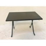 OAK EFFECT RECTANGULAR TILT TOPPED TABLE standing on metal folding X-frame base, 74cm high and 109cm