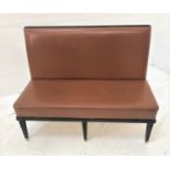 STRAIGHT BACK BENCH SEAT in brown vinyl, with high padded back above stuffover seat, with decorative