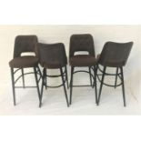 SET OF FOUR FAUX LEATHER AND SNAKESKIN EFFECT BUTTON BACK BAR STOOLS with shaped backs and seats,
