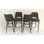 SET OF FOUR FAUX LEATHER AND SNAKESKIN EFFECT BUTTON BACK BAR STOOLS with shaped backs and seats,