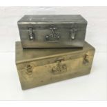RWO GRADUATED METAL TOOL BOXES one in antique brass and the other steel finish, both with lift up