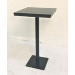 STAINED ASH SQUARE TOPPED HIGH BAR TABLE standing on metal column with square base, 113cm high and