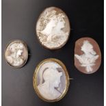 FOUR SHELL CAMEOS three in brooch mounts, two depicting warriors and two depicting female busts