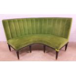 GREEN VELVET CURVED BACK BANQUETTE SEAT the raised ribbed back above padded seat, standing on nine