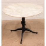 CIRCULAR MARBLE TOPPED BISTRO TABLE raised on a metal column with four outswept feet, 90cm