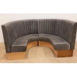 PAIR OF CURVED GREY VINYL BANQUETTE SEATS with ribbed high backs above padded seats, each