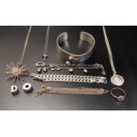 SELECTION OF SILVER JEWELLERY including a silver bangle, a curb link bracelet, a pave set ring, a