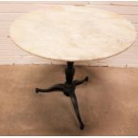 CIRCULAR MARBLE TOPPED BISTRO TABLE raised on metal column with tripod base, 80cm diameter and