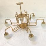 IMPRESSIVE ART DECO STYLE BRASS CHANDELIER the central column with six shaped and pierced arms, with