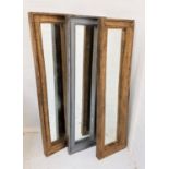 THREE RECTANGULAR WALL MIRRORS of narrow proportions, each in a wooden painted frame, one grey and