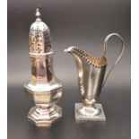 SILVER SUGAR CASTER of octagonal form, 16cm high, with indistinct Birmingham hallmarks,