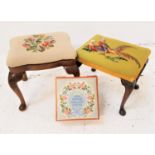 MAHOGANY STOOL with a pheasant needlework top, on cabriole supports, 42cm high, a stool with a
