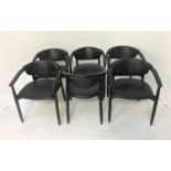 SET OF SIX HOOP BACKED EBONISED CHAIRS with padded back and shaped seats, standing on tapering