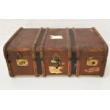 VINTAGE TRAVEL TRUNK with wood banding, reinforced corners and side carrying handles, 85cm wide