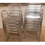 SET OF TEN ALUMINIUM OUTDOOR SEATS with ribbed slatted backs and seats and tubular frames, stackable