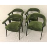 SET OF FOUR HOOP BACKED DINING CHAIRS each with padded arms, back and seat in green velvet