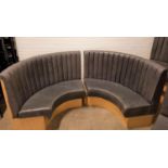PAIR OF CURVED GREY VINYL BANQUETTE SEATS with ribbed high backs above padded seats, both