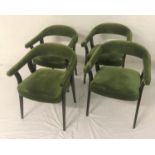 SET OF FOUR HOOP BACKED DINING CHAIRS each with padded arms, back and seat in green velvet