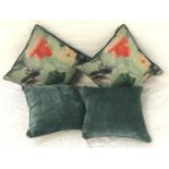 FOUR VARIOUS CUSHIONS BY PAOLETTI comprising two decorated with carp; and two teal coloured velvet