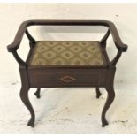 MAHOGANY AND INLAID PIANO STOOL with a shaped low back and arms above a padded lift up seat,