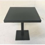 STANED ASH SQUARE TOPPED BAR TABLE standing on metal column with square base, 76cm high and 70cm